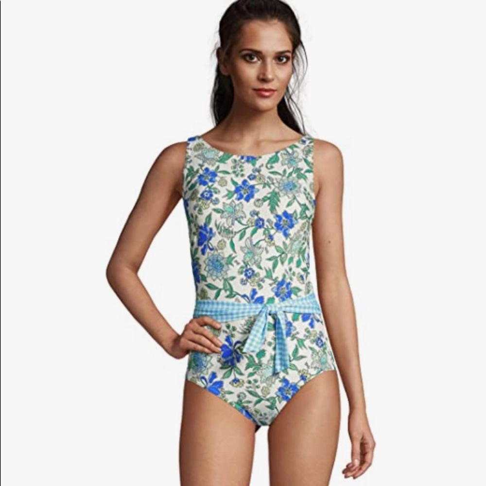 Lands End Preppy Tummy Control Chlorine Resistant One-Piece Swimsuit Size 10